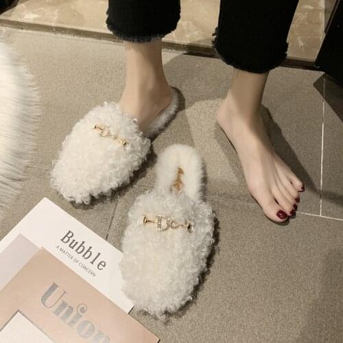 2021 Winter Fur Slippers Women Home Shoes Slip on Furry Loafers Butterfly Knot Fur Slides Female Fluffy Slippers Flat Zapatos