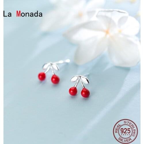 La Monada Red Bead Cherry Fruit Sterling Silver Stud Earrings Women Fine In 925 Silver Jewelry Woman Earrings Stud Silver 925