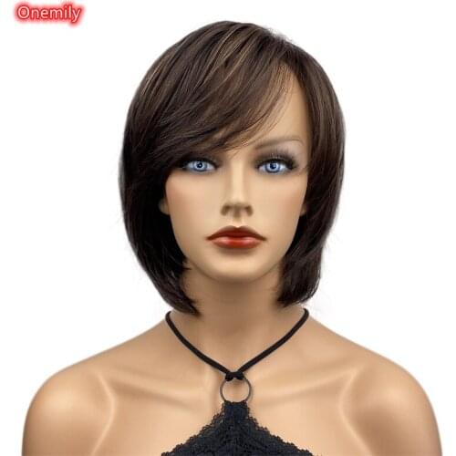 Onemily Dark Brown Short Straight Bob Wigs with Bangs Women Synthetic Natural for Daily Wear