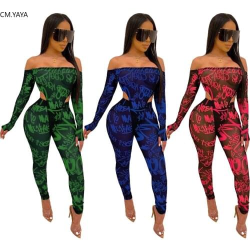 GL Winter Womens set Mesh see through tracksuit Full sleeve Bodysuit Pants suit print street Sexy two piece set Outfits SM9060