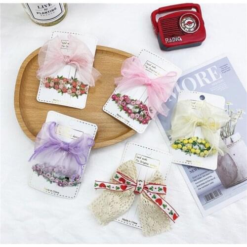 2 Pcs/Set Organza Floral Hair Clips for Girls Boutique Lace Ribbon Bow Barrettes Hairpin Wedding Princess Women Hair Accessories