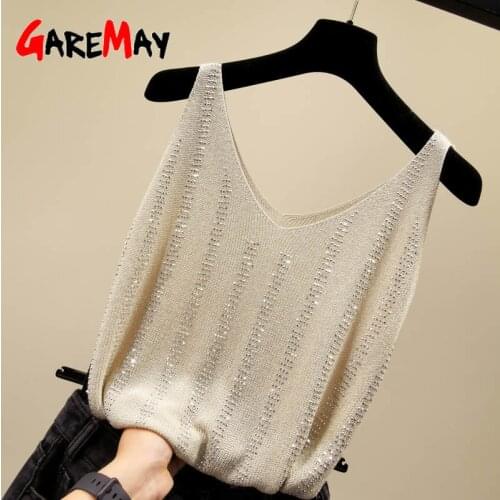 White Tank Tops Women Summer Ribbed Vest V Neck Ice Silk Spaghetti Strap Rhinestone Beige Sleeveless Basic Top Cami