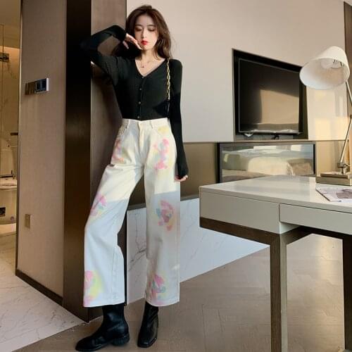 Spot printed character wide-legged pants new female loose casual pants show thin plus-size straight canister spring joker