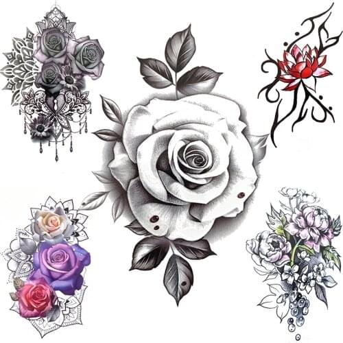 Black Rose Flower Temporary Tattoos For Women 3D Sexy Minimalist Lotus Tattoo Cherry Blossoms Pendants Waterproof Fake Tatoo Arm