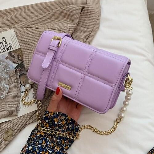 Lattice Designer Small PU Leather Armpit Bag For Women 2021 Casual Fashion Solid Color Chain Pearl Shoulder Handbags Designer