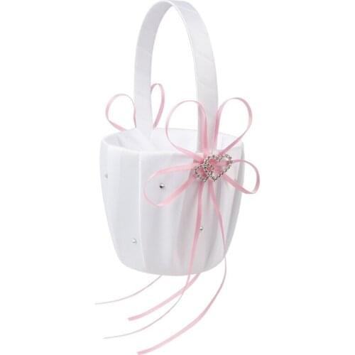 Double Heart Wedding Flower Girl Basket White Satin Rhinestone Decor Wedding Ceremony Party Favor
