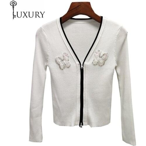 Fashion 2020 Women Autumn V-Neck Sequined Butterfly Deco Long Sleeve Blue White Black Cardigan Casual Tops Coat
