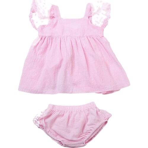 2Pcs/Set Baby Girl Summer Clothing Set Pink Lace Ruffled Fly Sleeve Bowknot Vest Tops+short pants Bloomer Clothes Outfits