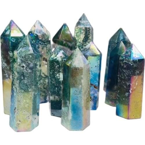 Crystals healing stones tower aura angel natural green moss agate point wand Mineral specimens for home decoration