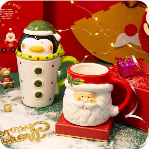 Hand-painted Mug Santa Claus Ceramic Mug cup with spoon Cover Water Coffee milk mugs Cup Creative Christmas Gift Free Shipping