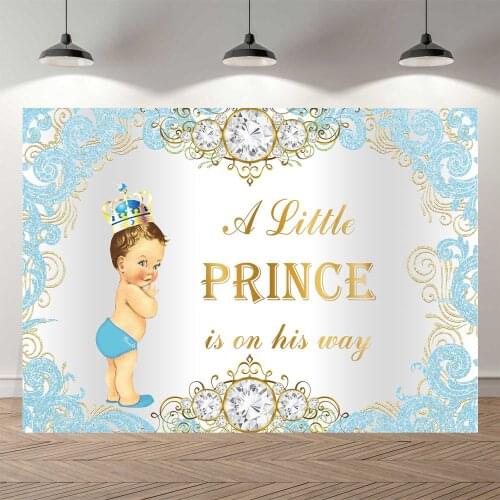 NeoBack Light Blue Silver White Prince Baby Boy Shower Backdrop Diamond Crown Happy Birthday Party Decoration Photocall Banner