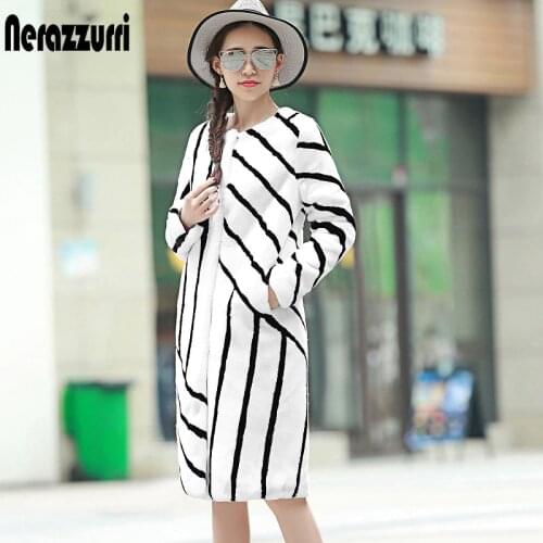 Nerazzurri winter black and white striped faux fur coat women warm vintage fur coats for women furry streetwear long fluffy coat