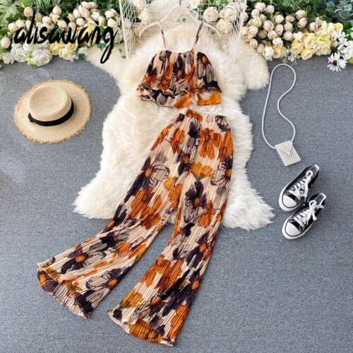 New Women Pleated Two Piece Sets Summer Boho Style Outfits Sexy Spaghetti Strap Vest Shirt and High Waist Pants Suits Woman Set