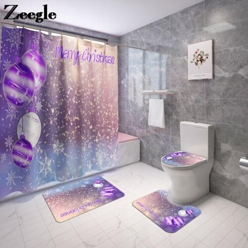 Christmas Bath Mat Shower Curtain Set Toilet Mat Bathroom Floor Mat with Shower Curtain Non-Slip Rugs Toilet Lid Cover Bath Mat