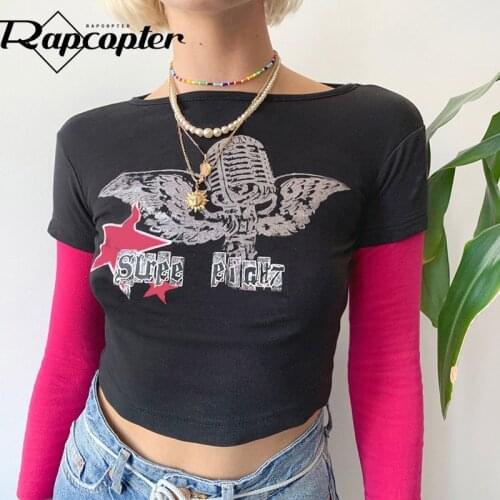 Rapcopter Printed y2k Crop Top Black Long Sleeve T Shirt O Neck Vintage Cute Patchwork Pullovers Women Harajuku Casual Tee Fall