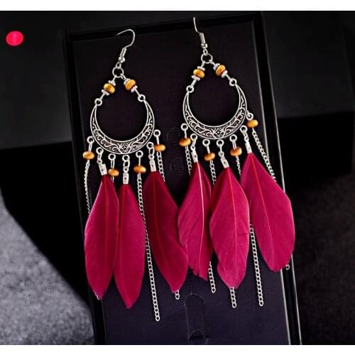 Vintage Alloy Long Chain Tassel Feather Earrings For Women Bohemia Wood Beads Female Earrings Brincos Bijoux Jewelry