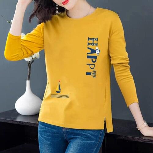 Happy Letter Printed Women T-shirts Pure Cotton Long Sleeve Crew Neck Autumn and Spring Clothing Loose Fit Slim Tee Shirt Femme