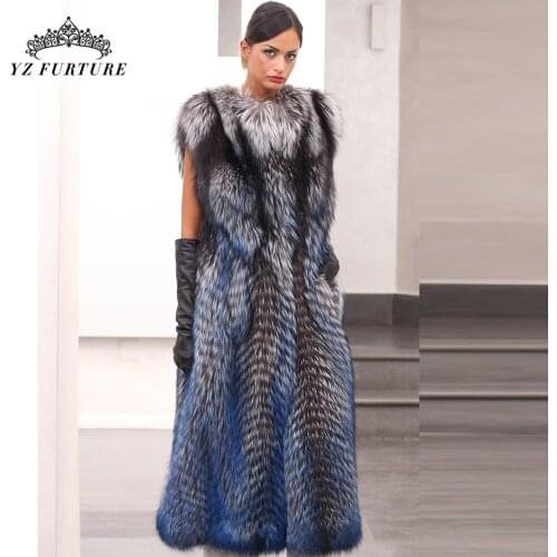 120CM Natural Real Fox Fur Vest New 2020 Winter Long Thick Women Fur Vest Jacket Pockets Real Fur Vest Down Coats For Women
