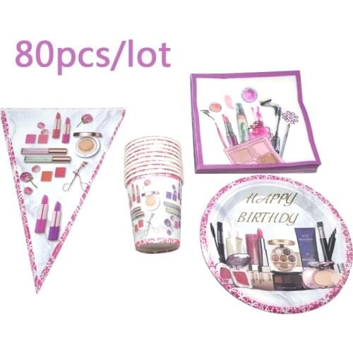 80pcs/lot Girls Kids Favors Hanging Banner Make Up Theme Napkins Baby Shower Decorate Plates Happy Birthday Party Cups Flags