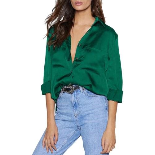 Plus Size Womens Tops And Blouses Fashion Women Turndown Long Sleeve Button Pocket Silk Blouse Shirt Blusas Mujer De Moda 2021