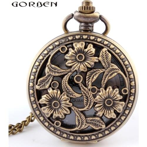 Bronze hollow flower and leaves antique quartz pocket watch retro style unisex quartz movement watch with long chain necklace