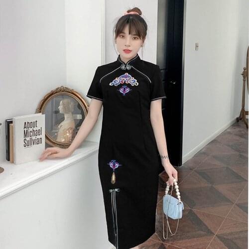 Cheongsam Chinese Style Black Embroidery Vintage Long Dresses Slim Short Sleeve Split Fork Thin Sexy Dress Womens Party Clothes
