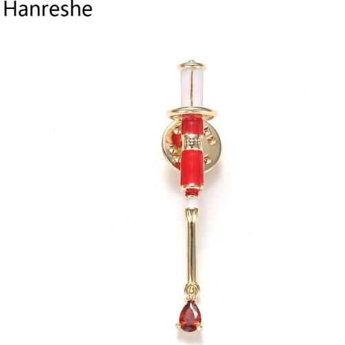 Zinc Alloy Enamel Lapel Medical Syringe Brooch Pin Red Crystal Zircon Drop-shaped Fashion Golden Metal Badge Jewelry For Doctor