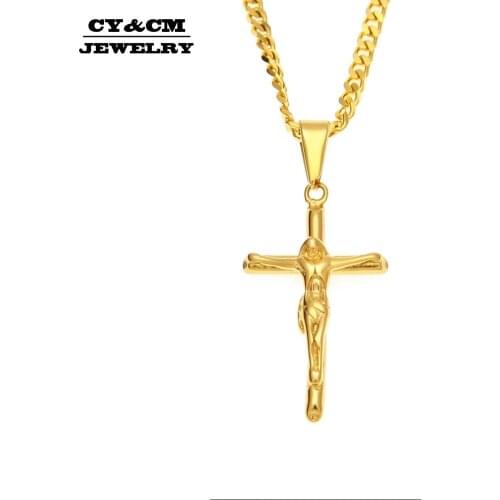 CY&CM Hip Hop Small Jesus Crucifix Cross Pendant Catholic Necklace Stainless Steel Gold Tone Charm Mens Women Punk Rock Jewelry