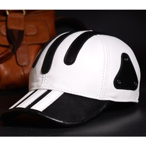 Mens Womens 100% Real Leather Cowhide Adjustable White Baseball Cap Unisex Trucker Cap Golf Caps/Hats