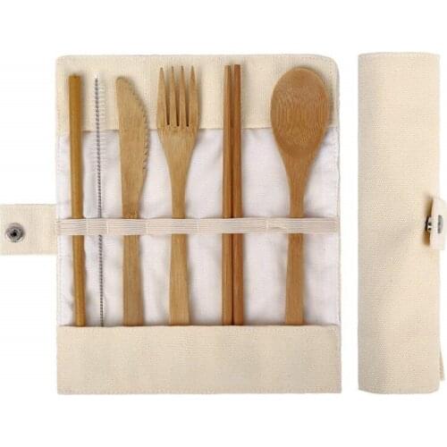 Dropshipping 7PCS Eco-friendly Wooden Cutlery Set Bamboo Straw Set With Cloth Bag Knives Fork Spoon Chopsticks Travel