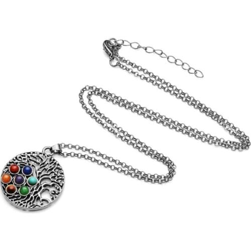 FYJS Unique Silver Plated Tree of Life with 7 Colors Small Stone Pendant Healing Chakra Necklace Ethnic Jewelry