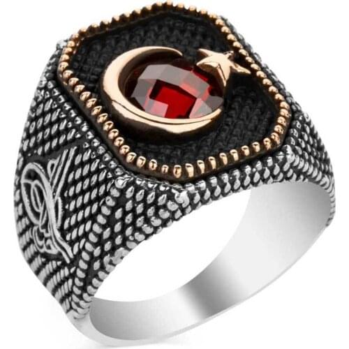 925 sterling Silver Tuğra Detailed Moon Star Men 'S Ring