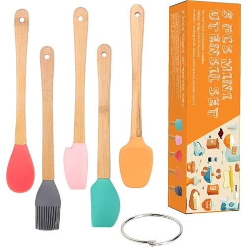 Set of 5 Small Silicone Spoon Spatula Brush Kit with Wood Handle Non-Stick Heat-Resistant Kitchen Baking Tools