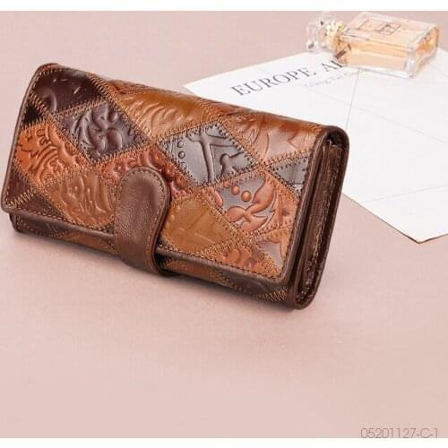 2021 New Genuine Leather Unique Embossed Floral Woman Purse Long Cover Zipper Wallets Card Holder Phone Bag Retro Ladies Purses