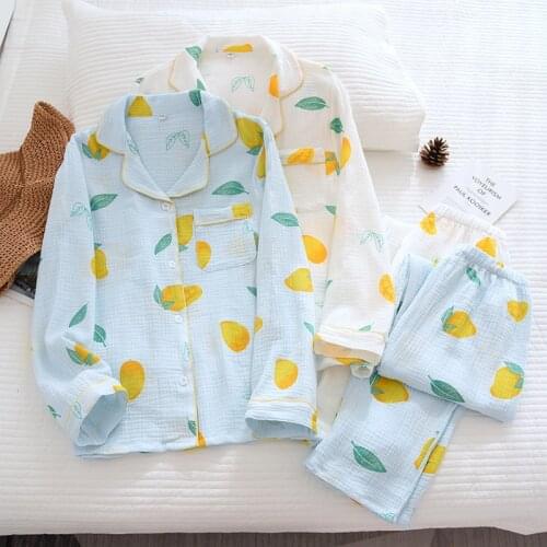 Spring/Autumn Pajamas Set Women Pure Cotton Crepe Fresh Mango Long Sleeve Sleepwear for Ladies Loose Comfy Thin Summer Home Wear