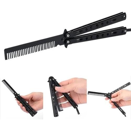 1PCS Stainless Steel Foldable Comb Practice Training Butterfly Knife Comb Beard Moustache Brushes Hairdressing Styling Tool new