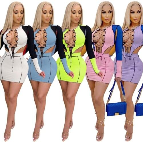 Sexy Lady Patchwork Two Piece Sets Autumn Winter Long Sleeve WomenS Set Outfits Cut Out Crop Tops Mini Skirt Set Tracksuit
