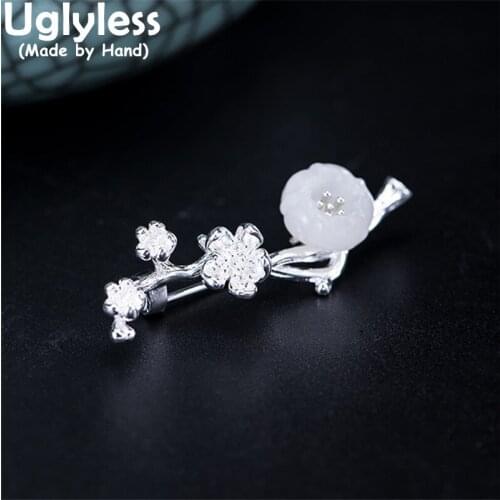 Uglyless Natural Jade Bowl Flowers Brooches for Women Elegant Silver Floral Pins 925 Sterling Silver Gemstones Brooch Jewelry