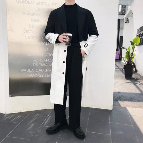 Streetwear Belt Windbreaker Outerwear Overcoat Jacket Black Splice White Loose Casual Long Trench Coat Men Erkek Palto