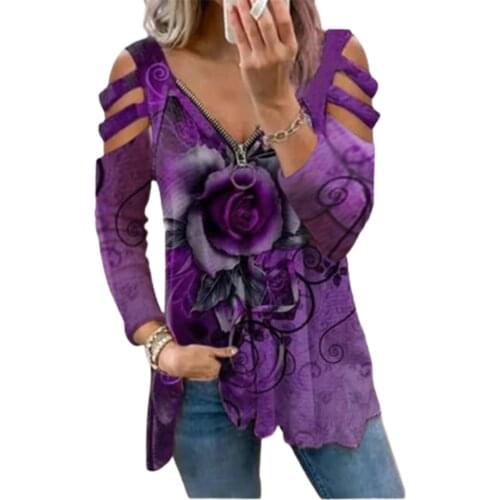 Women Rose Print T-shirt Adults Casual Long Cutout Sleeve Zipper V-neck Pullover women tops y2k grunge clothes grunge shirt