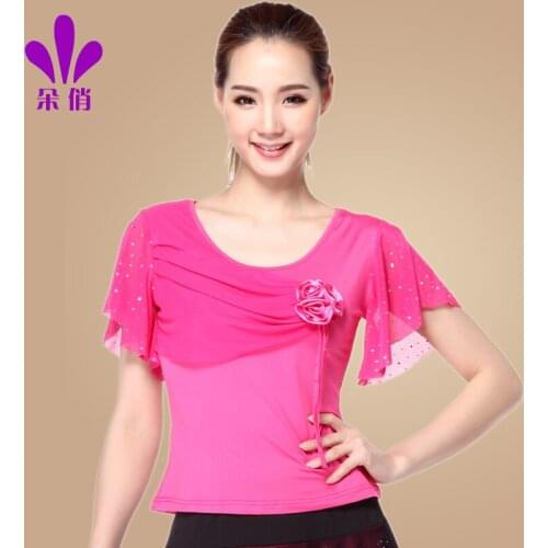 Lady Square Dance Shirt Plus Size Women Dance Costume Female Short Sleeve Rumba Dance Clothes Female Latin Dance Clothing B-4345