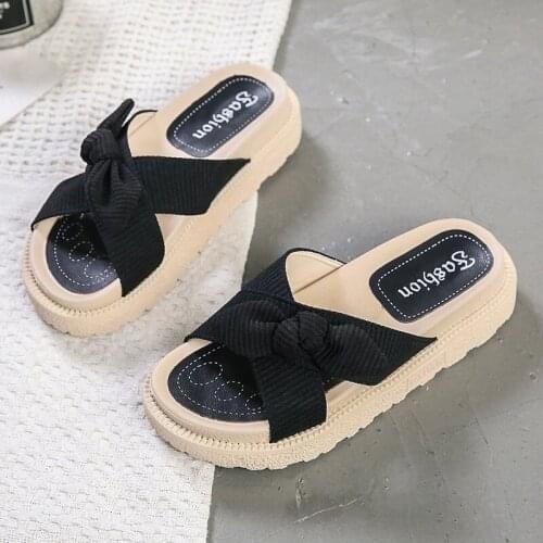 Women Slip On Slippers Ladies Butterfly Knot Lace Casual Shoes Woman PU Leather Crystal Fashion Summer Flats Shoe Female Comfort
