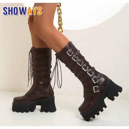 2021 Winter Women Mid-calf Platform Boots Black High Thick Heel Casual Lady Square Toe Buckle Zipper Plush Motorcycle Half Boots