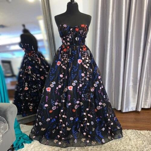 2020 Prom Dress A Line Sweetheart Neckline Navy Blue Floral Lace vestido de festa Lace Up Back Long vestidos de fiesta de noche