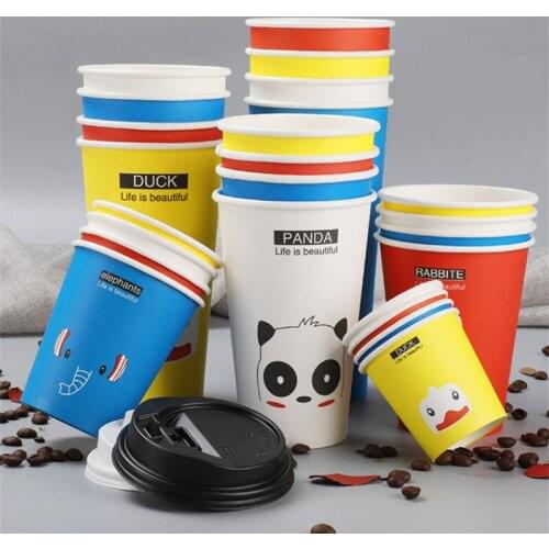 50pcs Disposable thick paper cups cartoon animal pattern coffee hot drink cups color mixed milk tea packaging cups with lid
