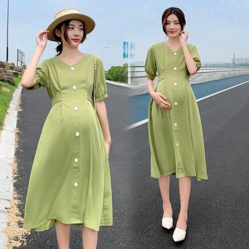 8226# Maternity Clothes Summer V Neck Chiffon Short Sleeve Loose Stylish Dress for Pregnant Women Pregnancy Clothes