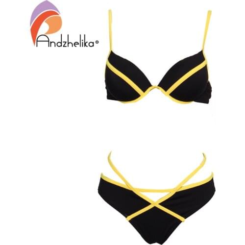 Andzhelika 2021 Summer Bikinis women Sexy Bandage Patchwork Swimsuit Push Up Bikini Set Beach Bathing Suit Swimwear Monokini