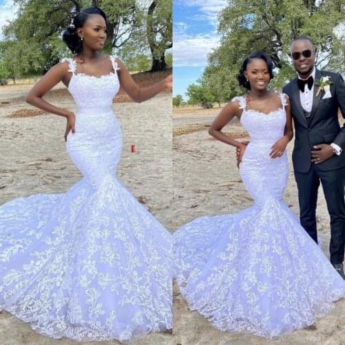 White Lace Mermaid Wedding Dresses Spaghetti Straps 2021 African Wedding Bridal Gowns Corset Back vestidos de noiva Custom Size