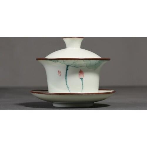Hand Painted Lotus Simplicity Ceramic Cover Bowl Teacup Sancai Gaiwan Tea Bowl Kung Fu Puer Tes Set Tea Cup Drinkware Wine Set