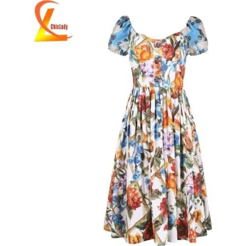 CHICLADY Runway Summer Sexy Beach Flower Buttons Floral Dress Women Flower Print Blackless Cascading Ruffles Beach Midi Dresses